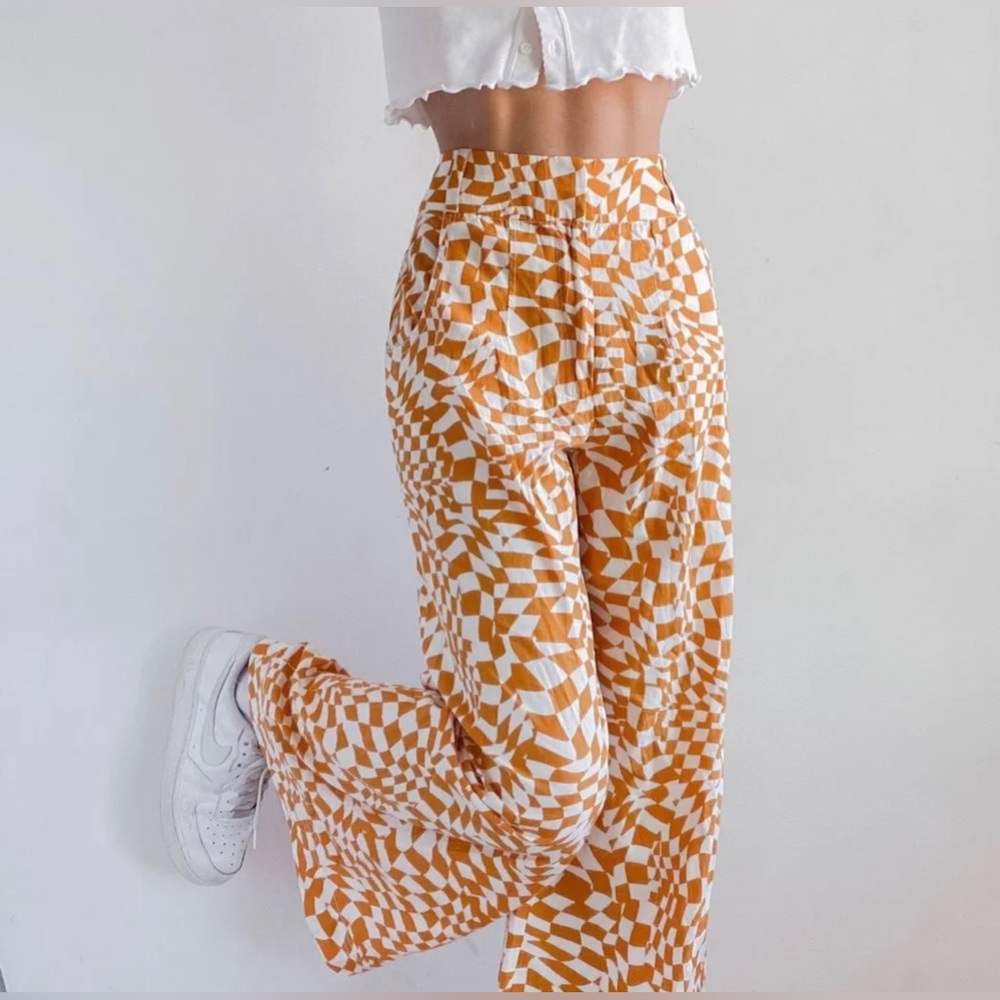 FREE PEOPLE Menocra Orange White Combo Wide Leg Pants 12